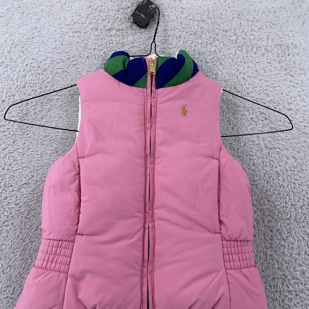Polo Ralph Lauren Girls 2T Reversible Down Puffer Vest Pink White Quilted Pony